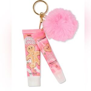 Sweet and shimmer Pink Frosted Coconut Hand Cream and Lip Gloss Set with Pom key